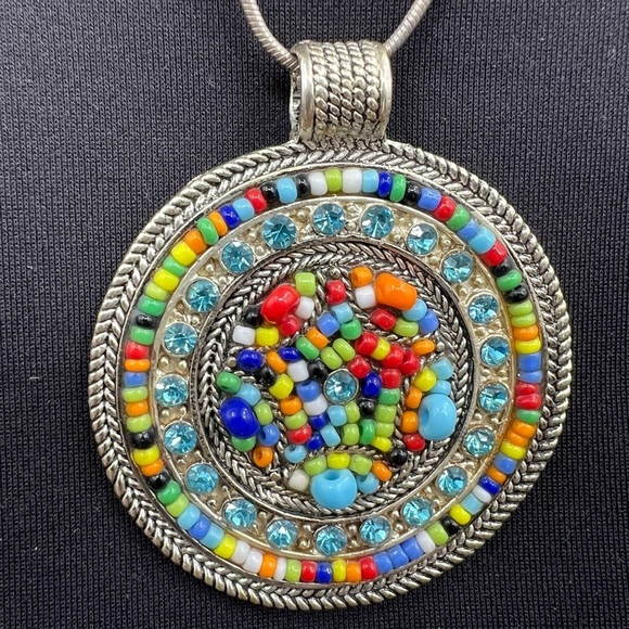 Silver Braided Pendant with Aqua rhinestones and Rainbow Seed Beads - Picture 2 of 6